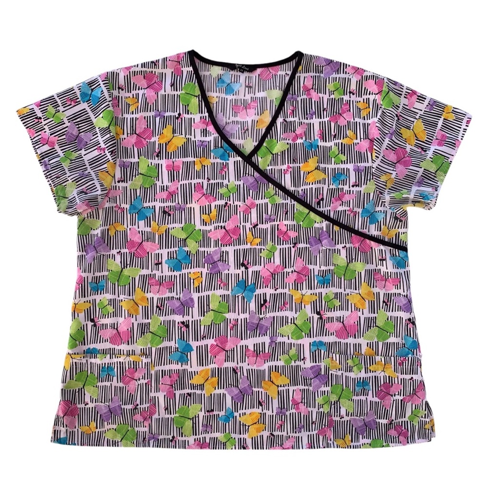 Just Love Multi-Color Butterfly V-Neck Scrub Top Medical Uniform ~ Women’s 2XL